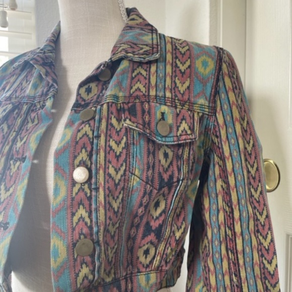 Forever 21 Premium Denim | Tribal Aztec Boho Cropped Denim Jacket Y2K Size S - Picture 3 of 12